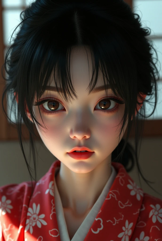 Sit in a traditional Japanese room、A young-looking zashiki warashi、wearing a kimono、Hair is black、A slightly innocent look、Tatami and Shoji Screens、Face close-up、Bob、Big eyes