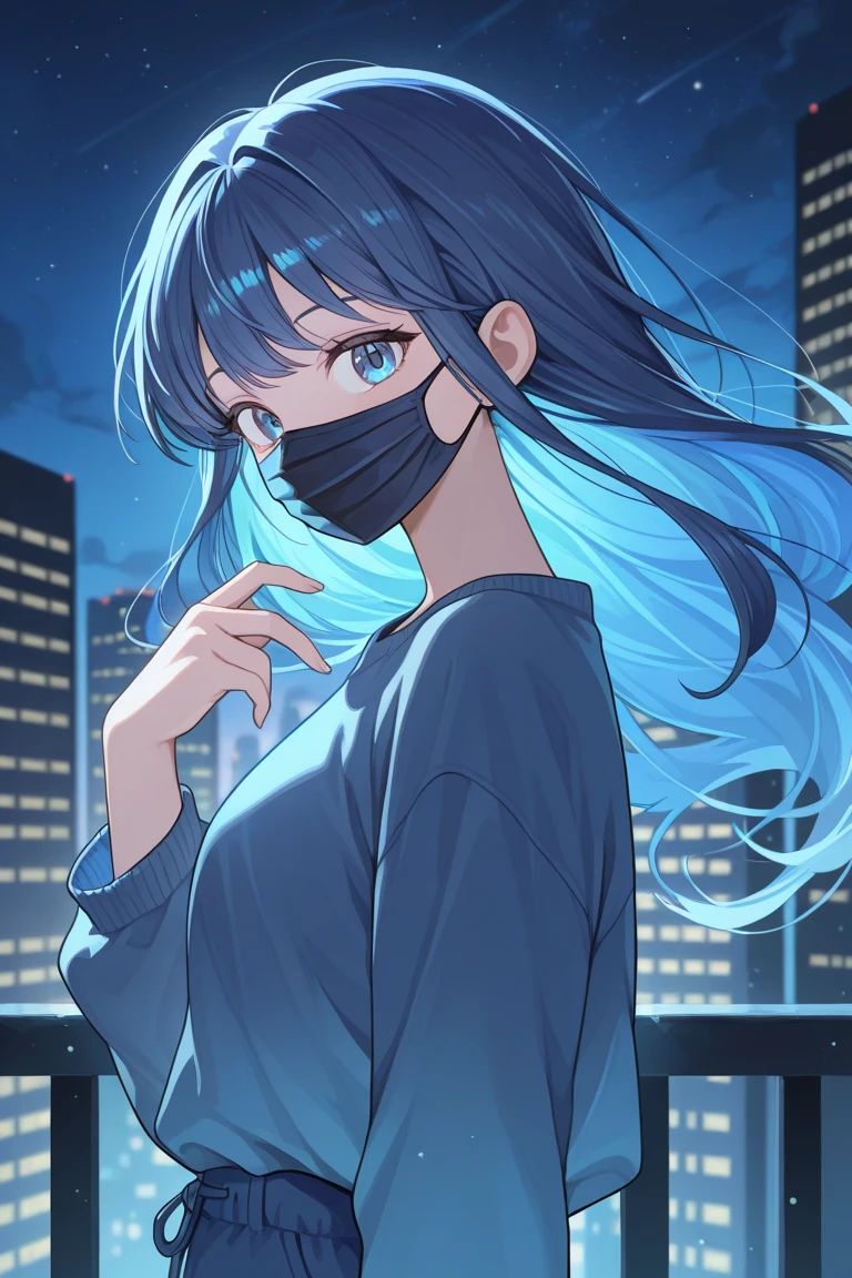 In the center, one person is wearing a cool hoodie., Long Hair, Gaze, blue eyes, Rainy city background、High resolution,
