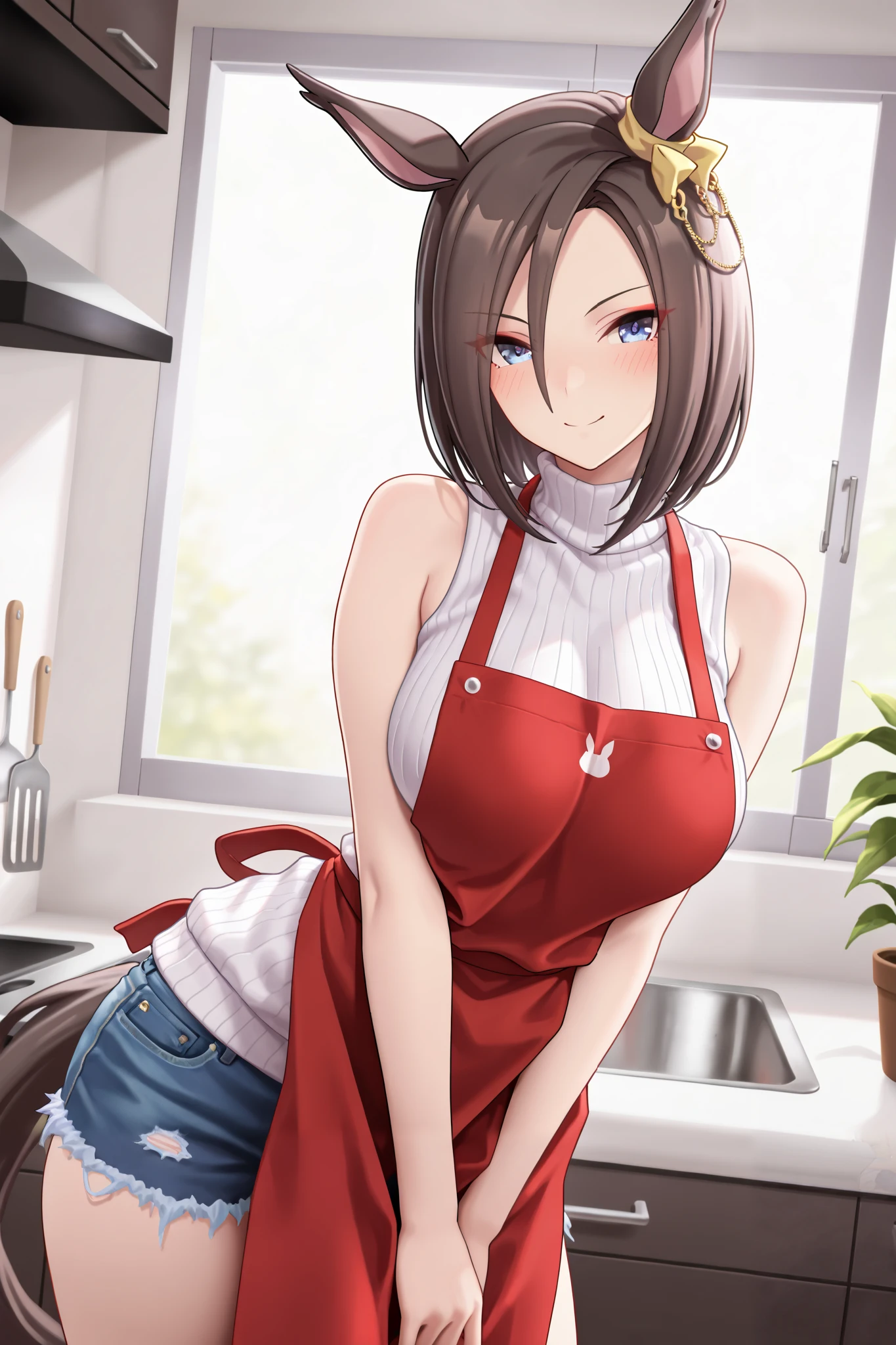 NSFW,masterpiece,Highest quality,high resolution,very detailed,Air Groove (umamusume),turtleneck sweater, sleeveless,denim shorts,apron,Kitchen, Smile