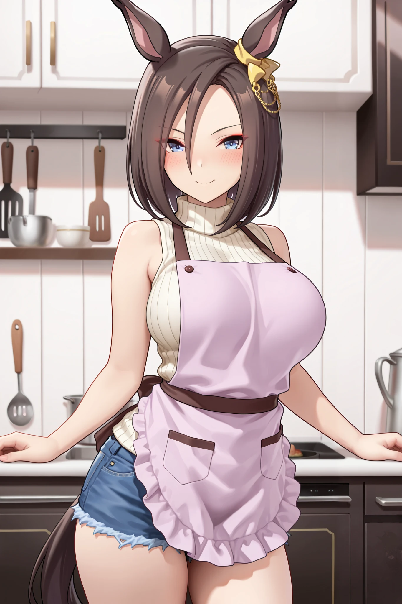 NSFW,masterpiece,Highest quality,high resolution,very detailed,Air Groove (umamusume),turtleneck sweater, sleeveless,denim shorts,apron,Kitchen, Smile