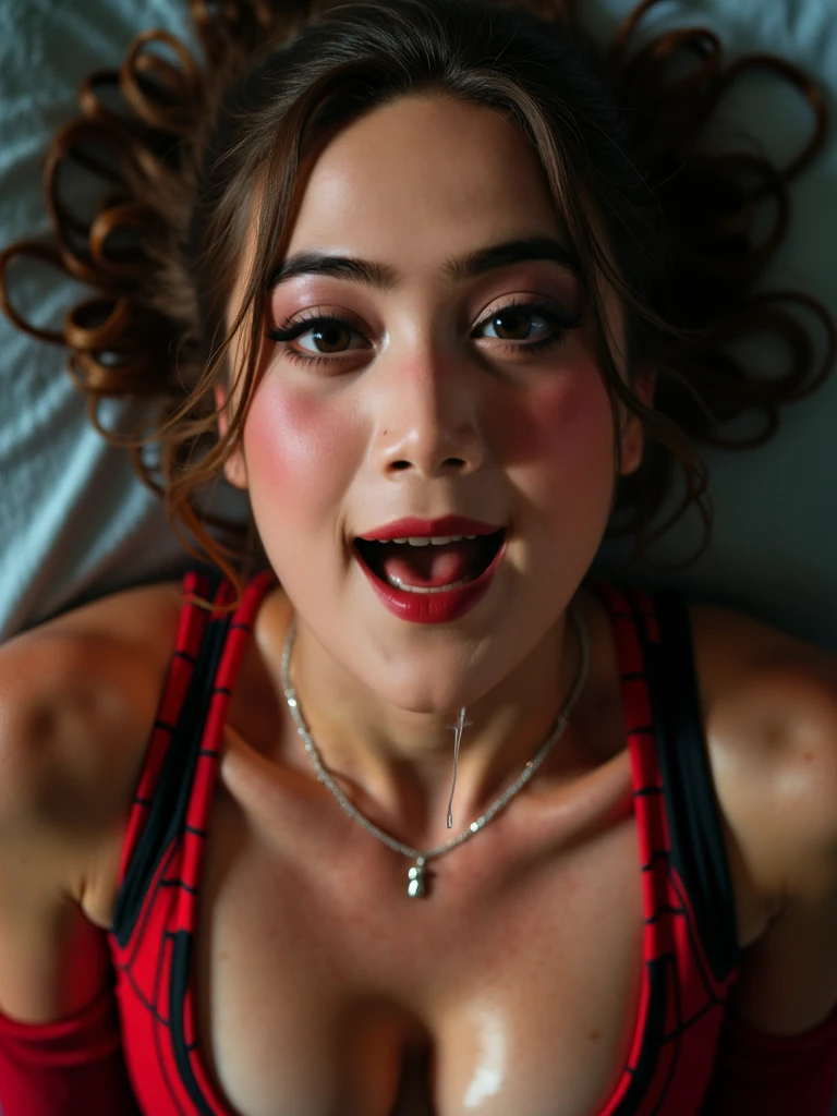 quality photo, small beautiful 20 year old girl, philipina, sharp jaw, perfect body, busty, super long fake eye lashes, smooth brown hair, influencer girl, e-girl make up, close up selfie, taking her tounge out