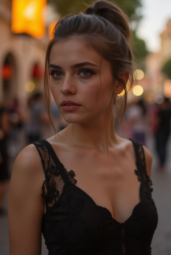 photographie d&#39;une superbe fille de 20 ans , dans une ville , cheveux noir, yeux marron foncé, en France, Souriant, Regarde la caméra , éclairage spectaculaire, magnifique, (décolleté profond), séance photo, occidental, (chef-d&#39;ouvrages d&#39;art), meilleure qualité, haute résolution, fond extrêmement détaillé, peau avec des pores, , Éclairage de cinéma