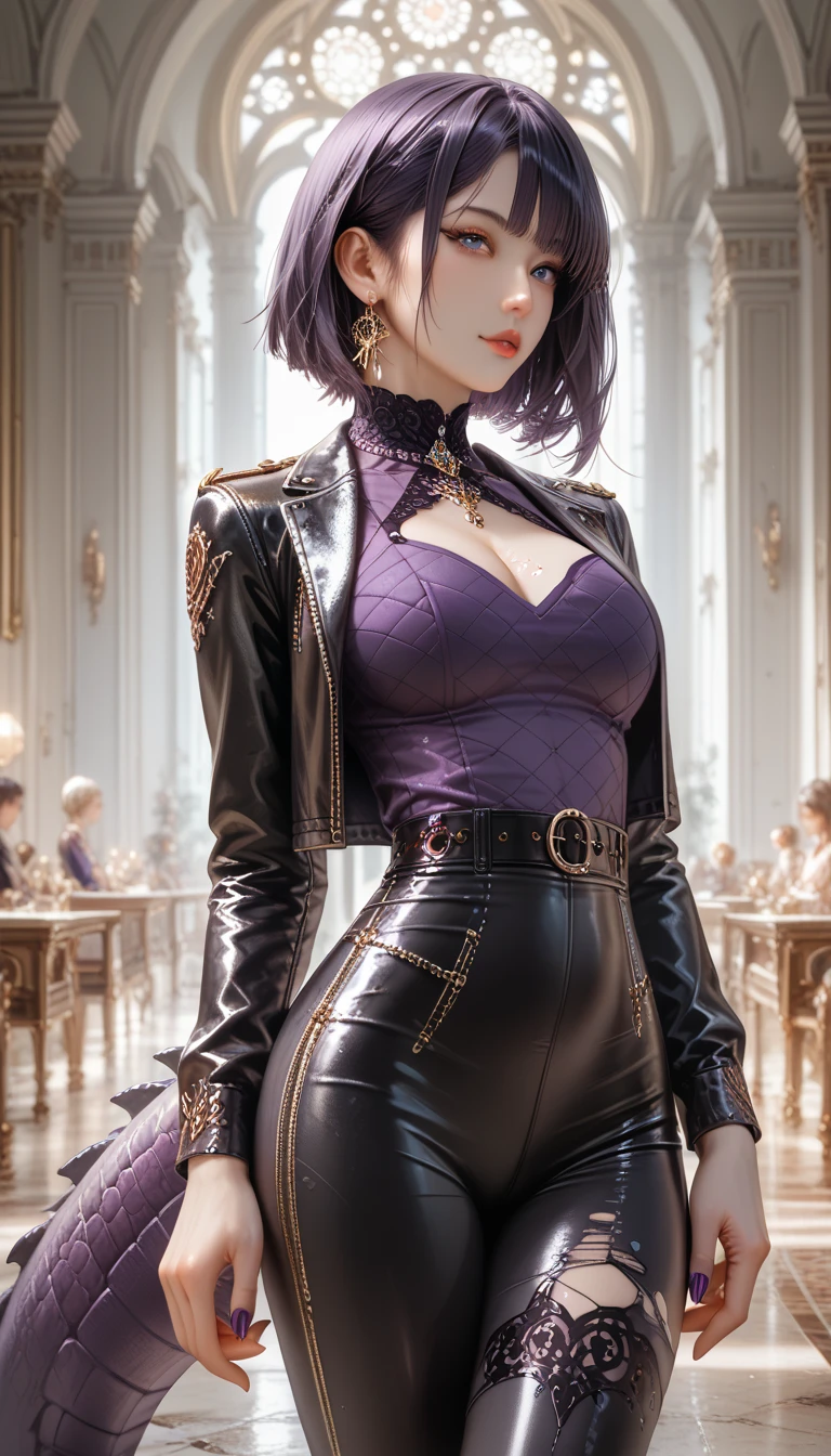 (1girl:1.3),solo,__body-parts__, official art, 8k unit wallpaper, ultra detailed, close-up on face, beautiful and aesthetic, gorgeous, masterpiece, best quality, fantastic atmosphere, calming palette, quiet mood, soft shading, priestess Miko, charm spell, family talisman, priestess duties, dark aesthetic, suit and tie with black leather shorts with many chains around the body and a black leather jacket, Tokyo city in the background, (messy short purple hair),