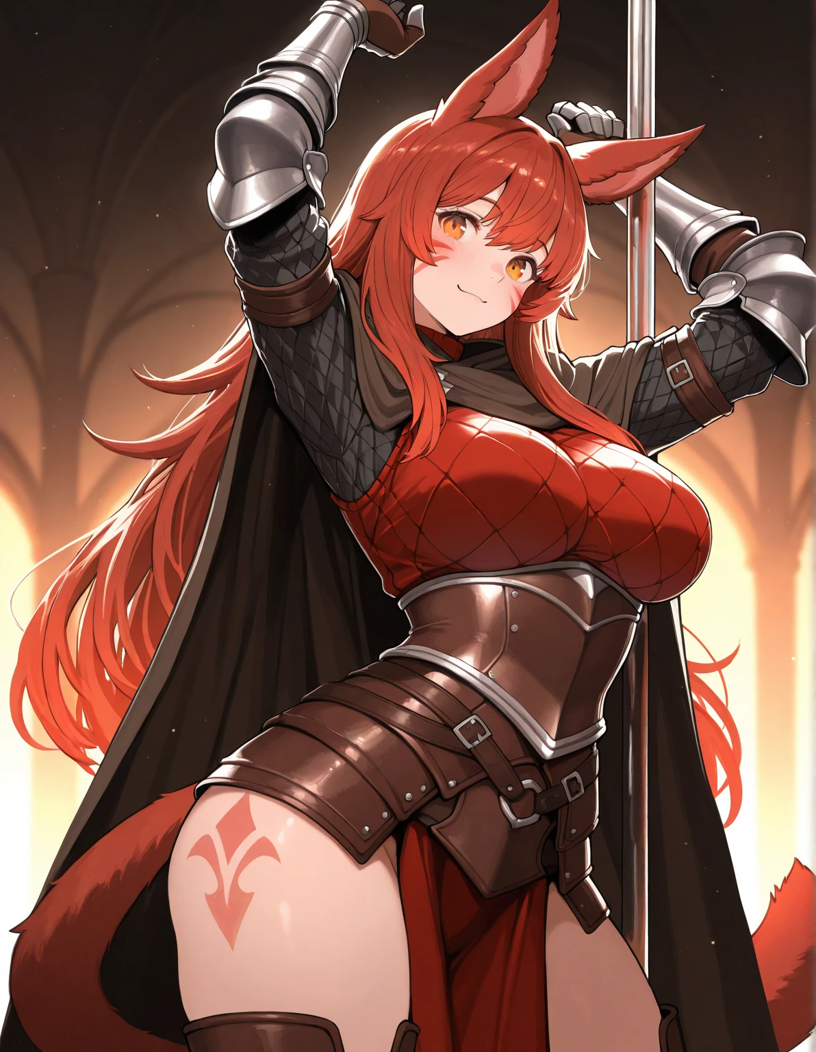 (masterpiece:1.2), (highest quality:1.2), axe, holding-axe, holding, solo, weapon, simple-background, braid, red-hair, holding-weapon, armor, full-body, long-hair standing, claws, animal-ears, jewelry, red-eyes, shoulder-armor, loincloth, tail, bandages, necklace, tooth-necklace, fur, scar, eyepatch, pauldrons, thigh-strap, pelvic-curtain brown-fur, 1girl, single-braid,