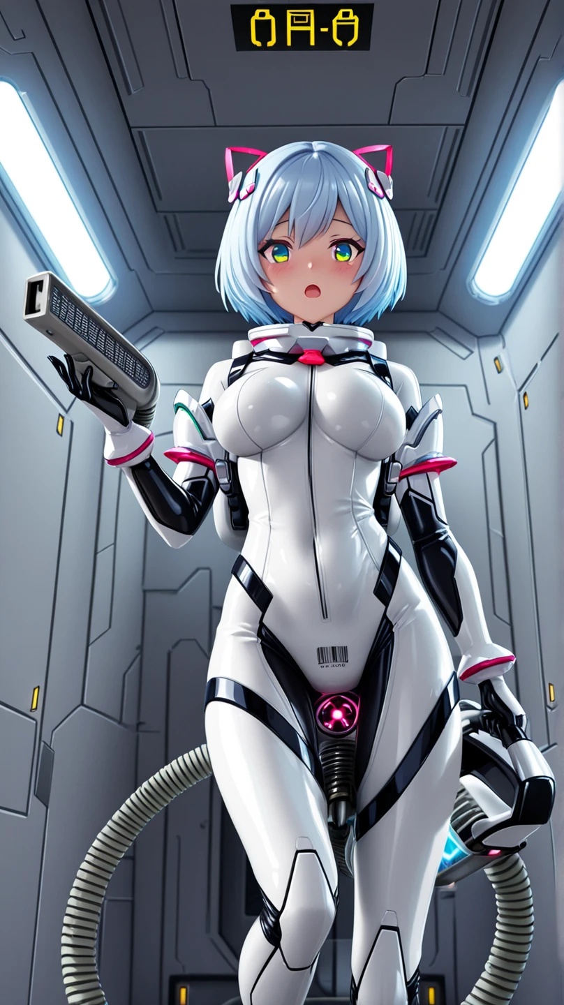 ((full body):1.5), {((Just a Horned Demon Woman))}, {((wearing white mecha suit with extremely tight black body parts)), ((has short mohawk blue hair and green eyes )), ((she has extremely gigantic breasts)), ((blood on her body and on the floor, tattoo on her body):1.35), is looking at the viewer, smiling, ((doing erotic poses, feeling very hot)), ( (on an alien ship, slimes, mutated monsters, machines, equipment, weapons, people))},16k, ultra quality, ultra detailed, maximum resolution, best sharpness,