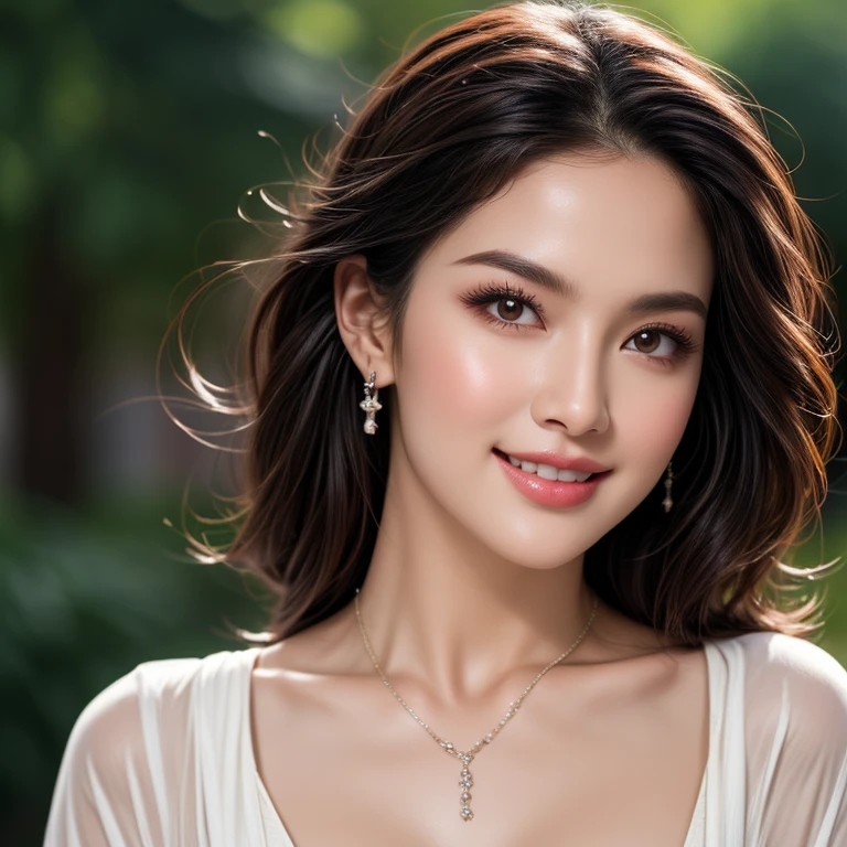 Beautiful portrait of a stunning goddess girl, Slender white long legs，Smile，Beautiful and delicate face, porcelain skin, full-body shot, center, super soft lighting, symmetry, complex, elegant, Very detailed, lifelike, art station, concept art, Smooth，Long burgundy hair curled down slightly，Appears a little lazy and rebellious。The expression on his face was as cold as ice，The slender willow eyebrows were painted by her dark purple，Under dark eye shadow，The brown eyes covered by long eyelashes shone with a light that refused to be seen from thousands of miles away，But there is a deep sorrow that is not easy to detect，Deeply covered with coldness。That tall and narrow nose，There is indifference in the show。Biting his lip that barely had a trace of blood，Xue's face turned a little pale。A short black slip dress with tiny rhinestones and a small denim shawl，Paired with a pair of black folding high boots。The backless dress outlines the perfect curves of the back，A slender white ribbon goes around the neck，A heart-shaped clasp that blocks the crescent chain。The lower body is wearing a pair of dark green slacks，Wearing the Swarovski Dakhia Global Collection Couple Puzzle Bracelet on your wrist。Light makeup on face，The unique crescent chain is still hanging diagonally around her neck.。