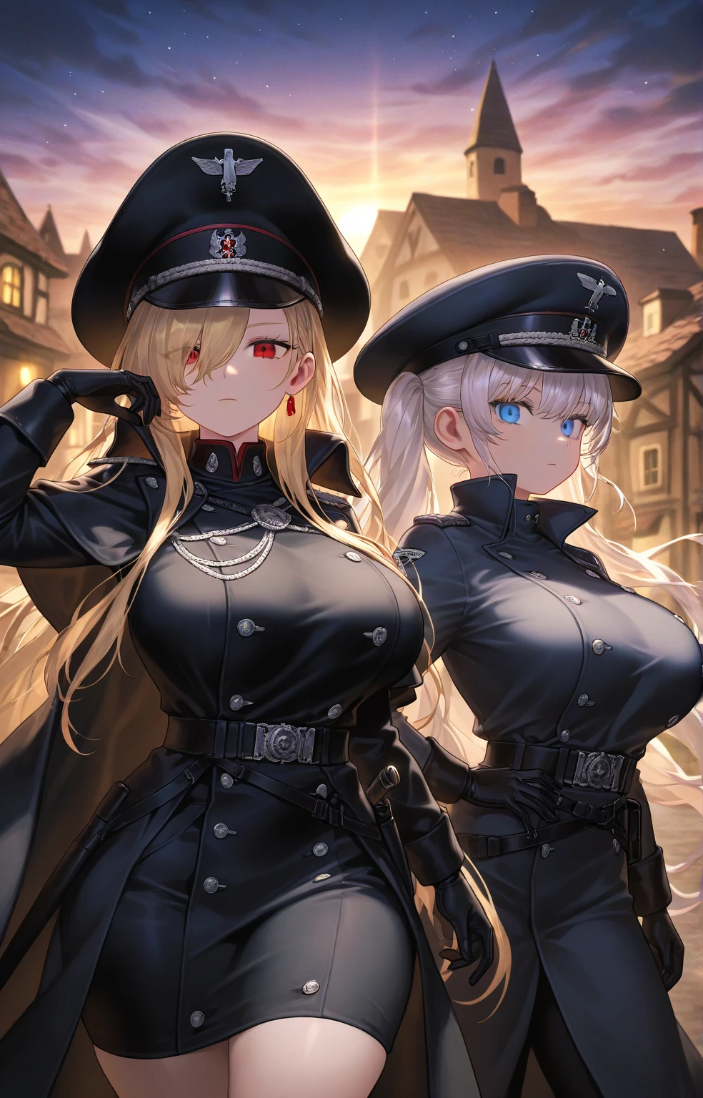 A girl wearing a Prussian military uniform, black with gold details, black military hat, silver hair, light blue eyes, outside a German castle at night.