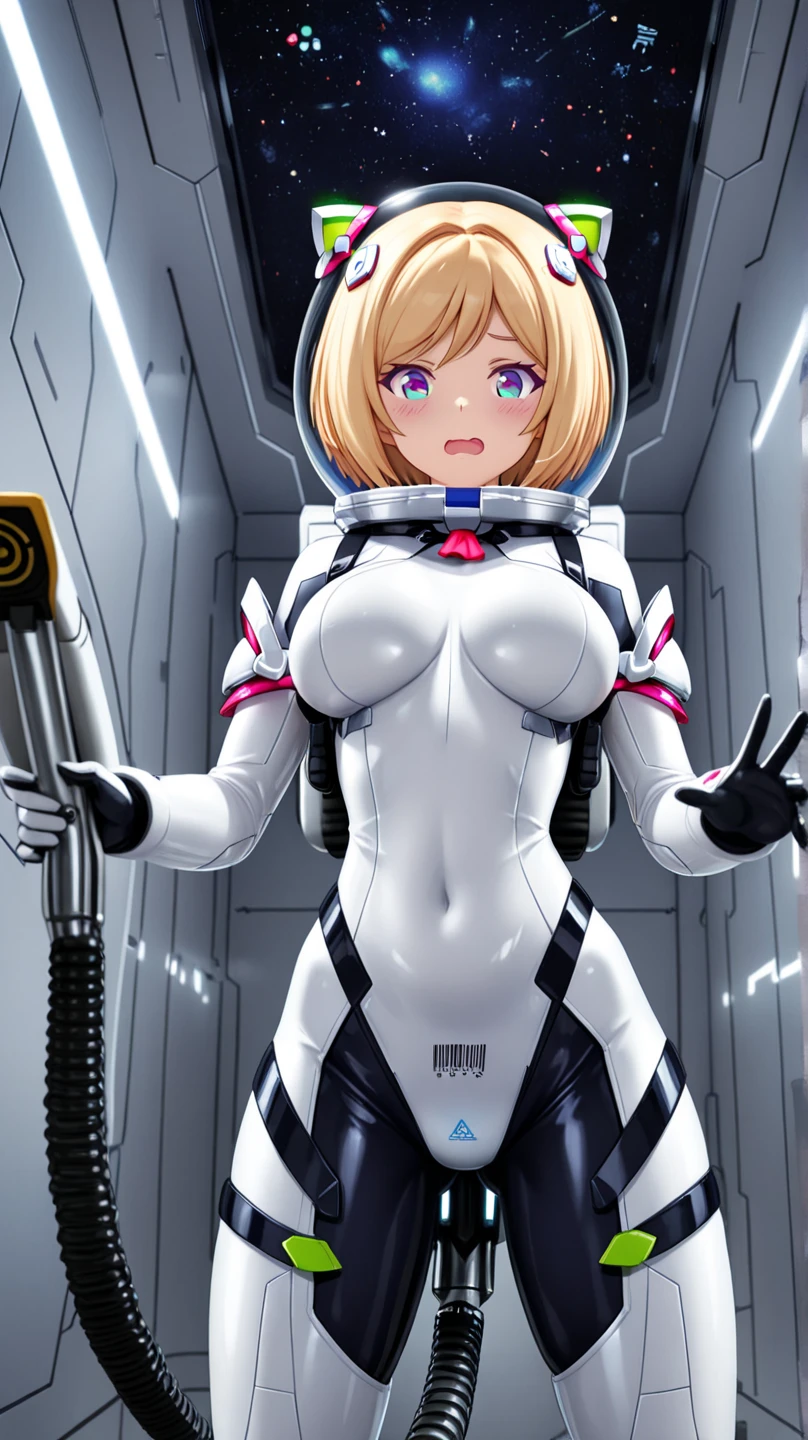(full body photo:1.5), (one/woman/mechanical:1.5), (extremely large breasts:1.5), (all mechanical body:1.5), (with bionic armor:1.5), white with black gears, (she is inside a spaceship near the window seeing outer space:1.5), (she has very short purple straight hair:1.3), (blue eyes:1.3), (moaning:1.5), (blush:1.5), (doing sexual/standing pose/for the viewer:1.5), (Unreal Engine 5, 3D, anime style, Anime, 16k, high quality, textured leather, UHD, award-winning)