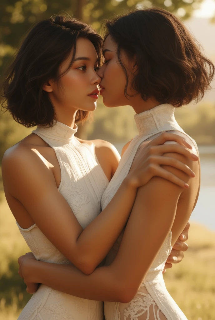 A young woman with white skin short curly hair hugging Jesus in a very beautiful place