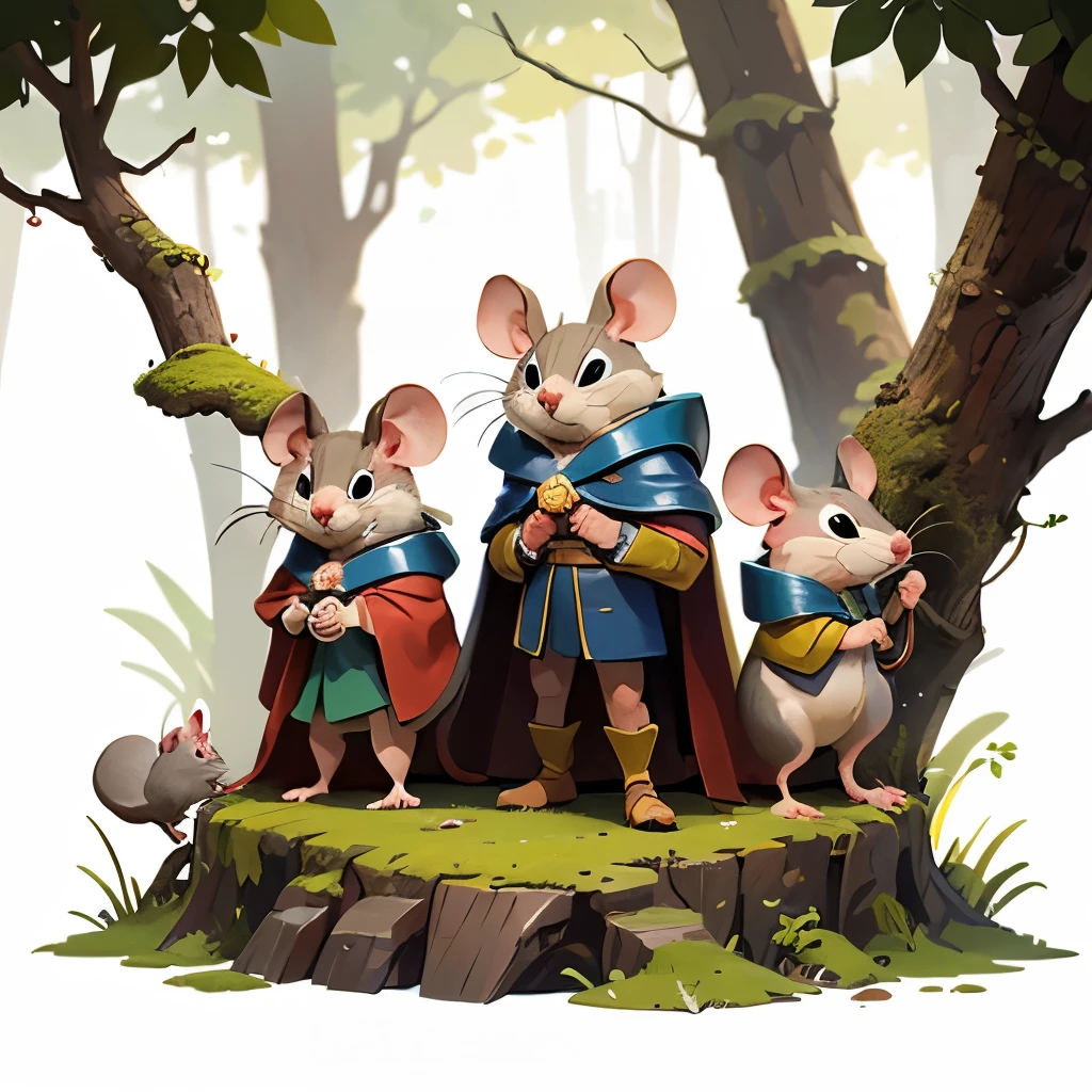 Perched on a thick, moss-covered branch, three brave mice embark on a whimsical adventure, each adorned in miniature attire that showcases their unique personalities. The first mouse, wielding a sword and clad in a vibrant red cloak, appears to lead the way with determination, while the second mouse, dressed in a flowing blue cape, gestures with an expression of excitement, as if sharing a bold idea. The third mouse, wearing a makeshift shield fashioned from a carrot, stands confidently at the front, ready to face the challenges ahead. Set against a backdrop of softly muted colors and delicate, intertwining branches, the scene evokes a sense of camaraderie and courage, illustrating a playful yet daring narrative in a fantastical woodland world.