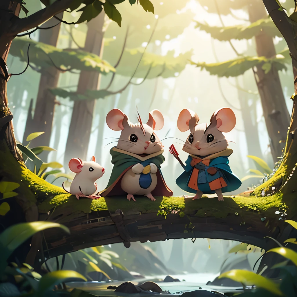 Perched on a thick, moss-covered branch, three brave mice embark on a whimsical adventure, each adorned in miniature attire that showcases their unique personalities. The first mouse, wielding a sword and clad in a vibrant red cloak, appears to lead the way with determination, while the second mouse, dressed in a flowing blue cape, gestures with an expression of excitement, as if sharing a bold idea. The third mouse, wearing a makeshift shield fashioned from a carrot, stands confidently at the front, ready to face the challenges ahead. Set against a backdrop of softly muted colors and delicate, intertwining branches, the scene evokes a sense of camaraderie and courage, illustrating a playful yet daring narrative in a fantastical woodland world.
