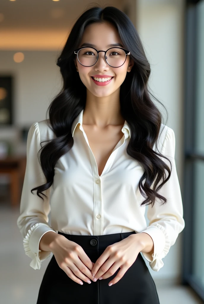"Create an image of an 1 Asian woman, a teacher wearing glasses, with a cute face smiling. The image should be full-body, slightly revealing, youthful, and realistic."