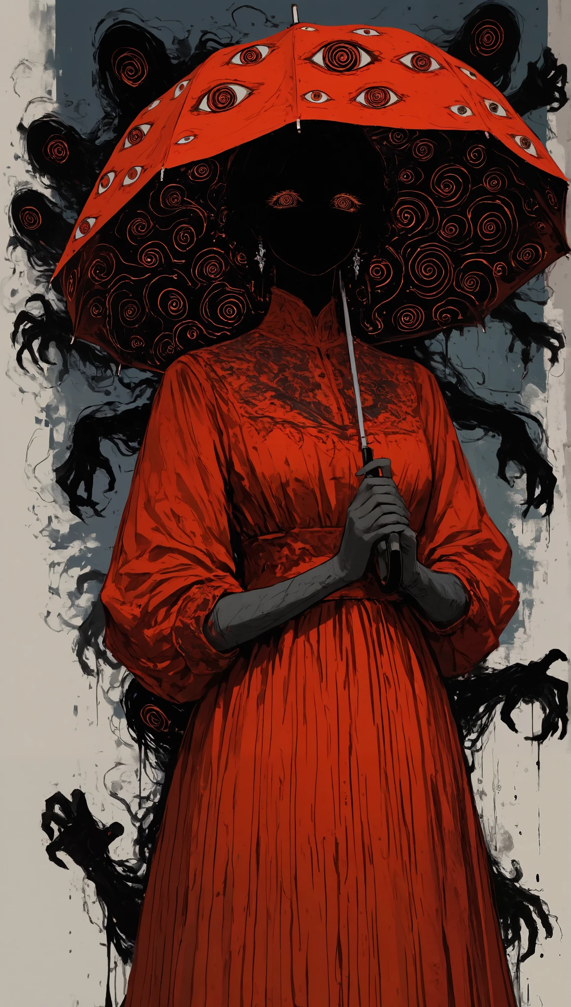Line art, spiral eyes ,red dress, umbrella,traditional dress,Night in London,monster behind,female figure,detailed portrait,serene expression backgrounds,sophisticated posture ,red dress brillante, umbrella negro elegante,traditional dress decorado,scary ghost creature,abstract background with lines,dramatic lighting effects,mystical atmosphere,surreal style,digital illustration,resolution 8k,ultra-realistic details,dark color palette,gloomy tones
