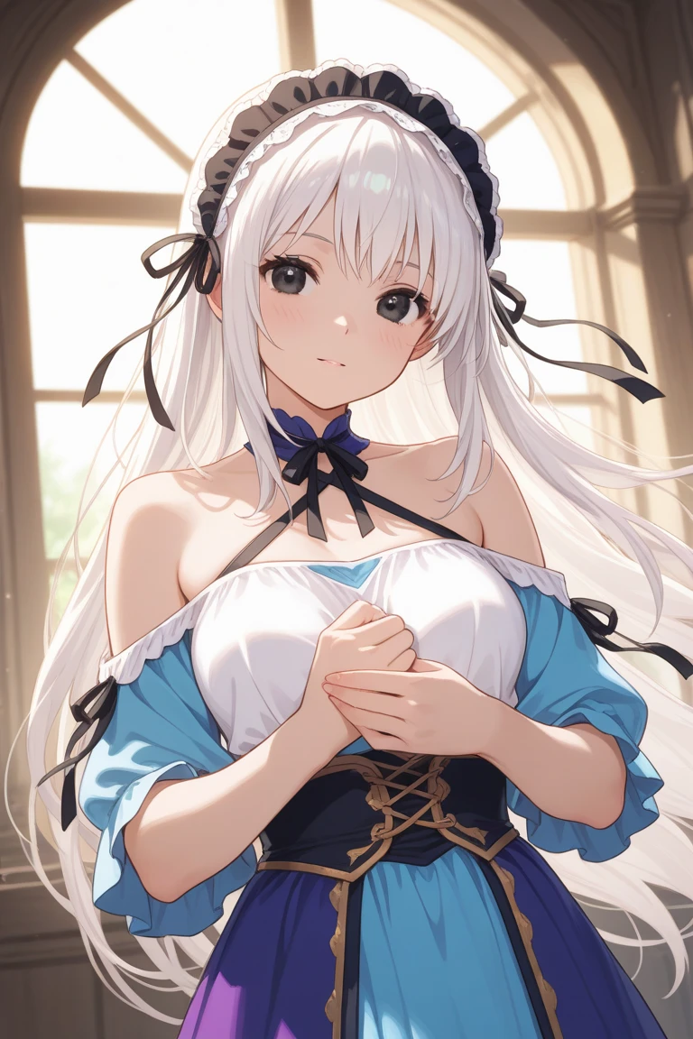 beautiful girl, long grey hair, beautiful face,smiling,close up to hips, beautiful breast, laying on stomach on bed,,illustration,detailed textures(realists),ultra-detailed,portrait style,vivid colors,soft lighting, blushing, mature, hair fluttering, evening light , head band, ((half body)), wearing intricate wedding dress, perky. ((side profile until hips)), very shy