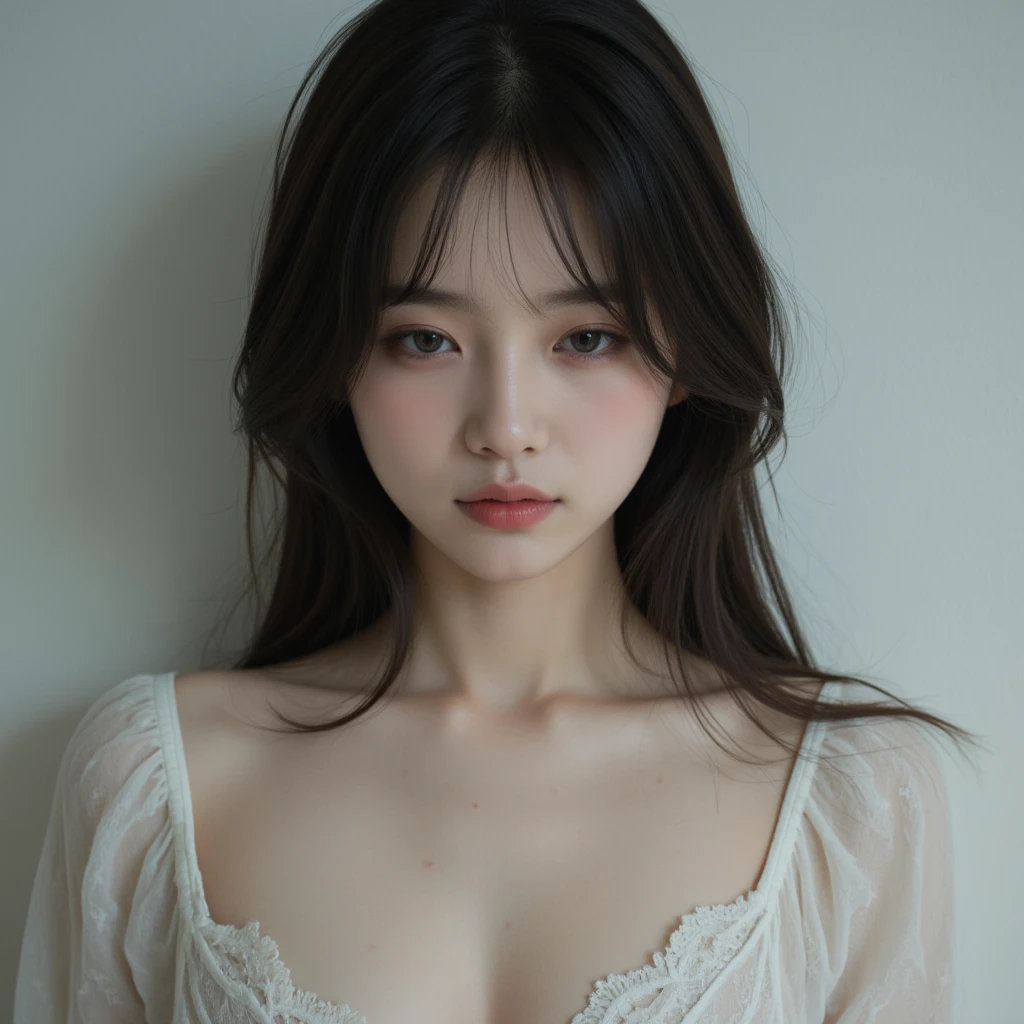 dreamy ambiance, Vintage,Color scheme of old Polaroid cheki photos ,lowkey,Extremely low contrast、From above、close up of face、barechested, realisitic、Photo Real、extremely detailed cute girl、独奏、18year old、japanes、Melancholy look, large full breasts、Brown hair、Hairstyle Random, Massive amounts of white smoke、Thick white fog、Cover with white smoke、out of focus、blur、