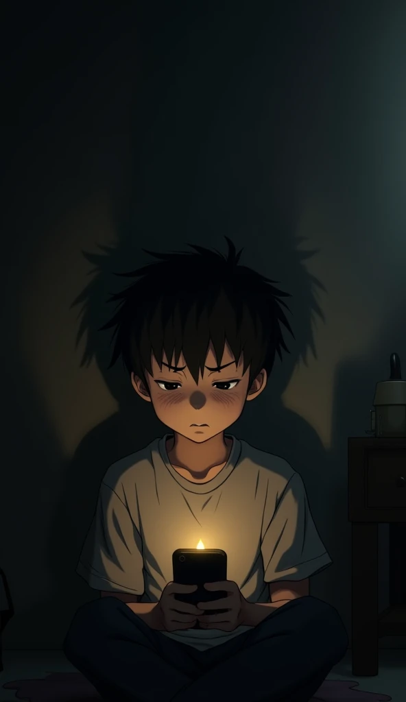 (((night time , dark room))), boy ,white t shirt , black short pants ,black short hair , boy knocking the floor with his hand , kneeling on the floor