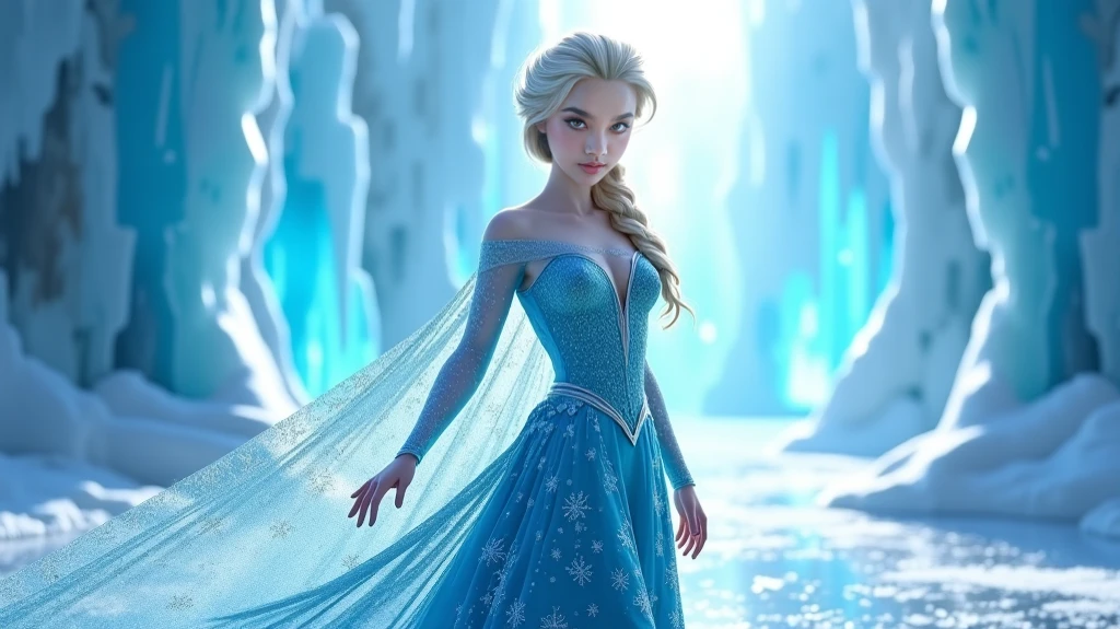 (masterpiece, best quality:1.2), Elsa, 1girl, solo, looking at viewer, blue dress, from frozen, cleavage, long white hair, blue skirt, blue eyes, sexy smirk, frozen castle,