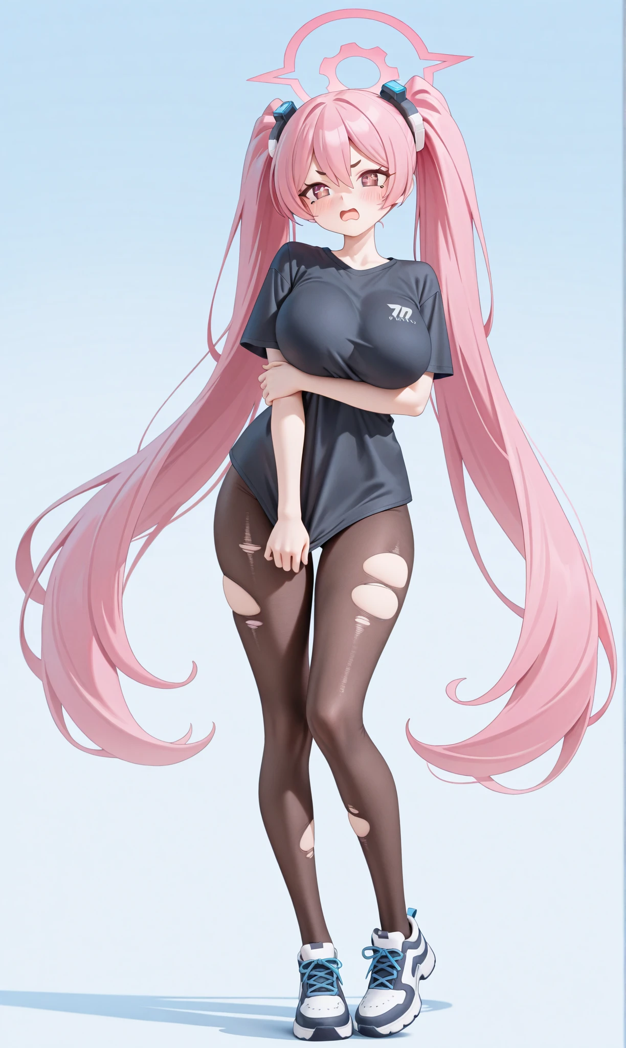 1 Girl, Pink hair, long hair,Double tail, blue eyes, Wearing a sports bra, Large Breasts,,long legs, on the street