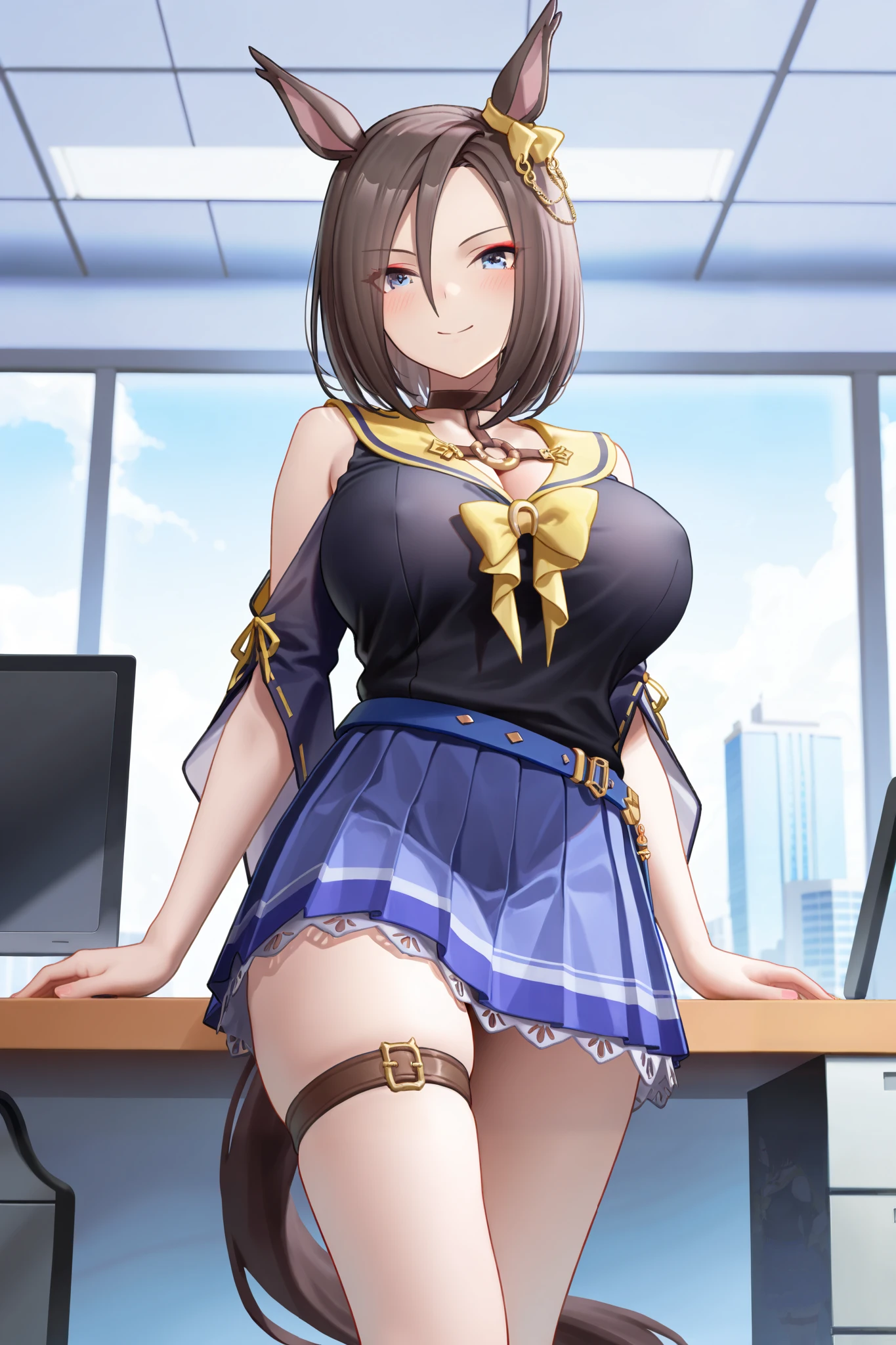 NSFW,masterpiece,Highest quality,high resolution,very detailed,Air Groove (umamusume),black shirt、 yellow sailor collar、Short sleeve、wide sleeve、belt、blue skirt、pleated skirt、thigh strap、choker、exposed shoulders、Chest Valley,smile,Office,machine