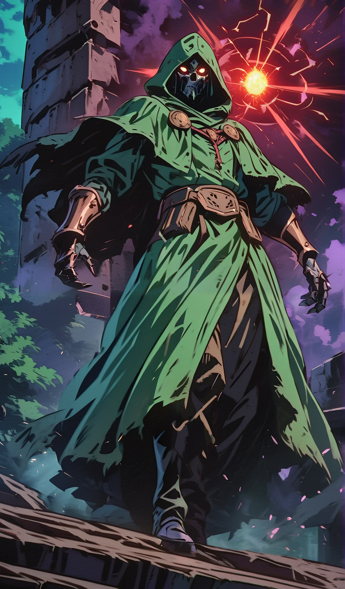 Drawn in 80’s anime art style.
Retro anime. Vintage Anime. Classical Anime.
The outfit is a highly recognizable and iconic superhero suit, primarily green and black, designed for both style and functionality. Here’s a detailed breakdown of its elements:
This person’s combat attire is a fusion of medieval warlord aesthetics, cutting-edge technology, and dark sorcery. He wears a cold, expressionless metal mask fused to his scarred face, paired with a reinforced helmet for added protection. His titanium alloy armor, sometimes infused with vibranium, grants superhuman strength, energy projection, and force field generation, making him nearly indestructible. Over this, he dons a fire-resistant green cloak and hood, often enchanted for extra defense. His gauntlets and boots contain built-in electrical weapons, jet propulsion for flight, and shock-absorption systems. A utility belt holds advanced gadgets, anti-magic tools, and teleportation devices, while his armor is infused with sorcery, allowing him to resist and counter magical attacks. His regal golden clasps, bearing the Latverian insignia, sometimes function as power sources or communication devices. This fearsome combination of strength, science, and sorcery makes them an unstoppable force on the battlefield.
This outfit not only provides protection but also enhances the Superhero’s combat capabilities, making them an effective and stylish anti-hero.