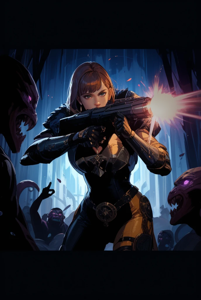 imagem detalhada de uma linda mulher segurando uma arma com um velociraptor ao fundo com a boca aberta,dramatico background em vermelho 