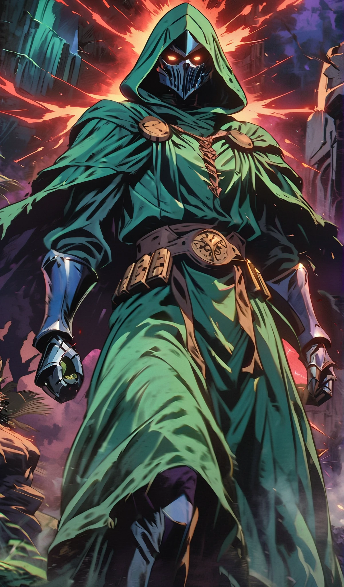 Drawn in 80’s anime art style.
Retro anime. Vintage Anime. Classical Anime.
The outfit is a highly recognizable and iconic superhero suit, primarily green and black, designed for both style and functionality. Here’s a detailed breakdown of its elements:
This person’s combat attire is a fusion of medieval warlord aesthetics, cutting-edge technology, and dark sorcery. He wears a cold, expressionless metal mask fused to his scarred face, paired with a reinforced helmet for added protection. His titanium alloy armor, sometimes infused with vibranium, grants superhuman strength, energy projection, and force field generation, making him nearly indestructible. Over this, he dons a fire-resistant green cloak and hood, often enchanted for extra defense. His gauntlets and boots contain built-in electrical weapons, jet propulsion for flight, and shock-absorption systems. A utility belt holds advanced gadgets, anti-magic tools, and teleportation devices, while his armor is infused with sorcery, allowing him to resist and counter magical attacks. His regal golden clasps, bearing the Latverian insignia, sometimes function as power sources or communication devices. This fearsome combination of strength, science, and sorcery makes them an unstoppable force on the battlefield.
This outfit not only provides protection but also enhances the Superhero’s combat capabilities, making them an effective and stylish anti-hero.