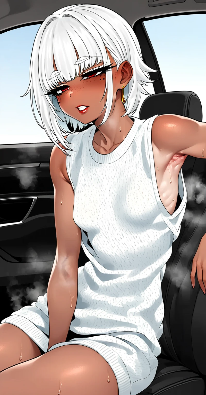 masterpiece, best quality, extremely detailed, high quality, highly detailed, source_cartoon, score_9, score_8_up, score_7_up, makima (chainsaw man), makimacm44, ringed yellow eyes, red long hair, bangs, sidelocks, braided ponytail, jewelry, revealing_clothes, earrings, necklace, hairclip, nude, aged down, smile, flat chest, indoors, masterpiece, best quality, pov footjob, shoejob with shiny white high heel shoes, covered toes, diamond anklets, small penis, cum on feet, cum on breasts, aroused expression, seductive, seductive eyes, seductive smile, car interior, sports car, her whole body is visible, glowing eyes, cityscape, night, night sky, legs, long legs, smooth legs, seductive pose
