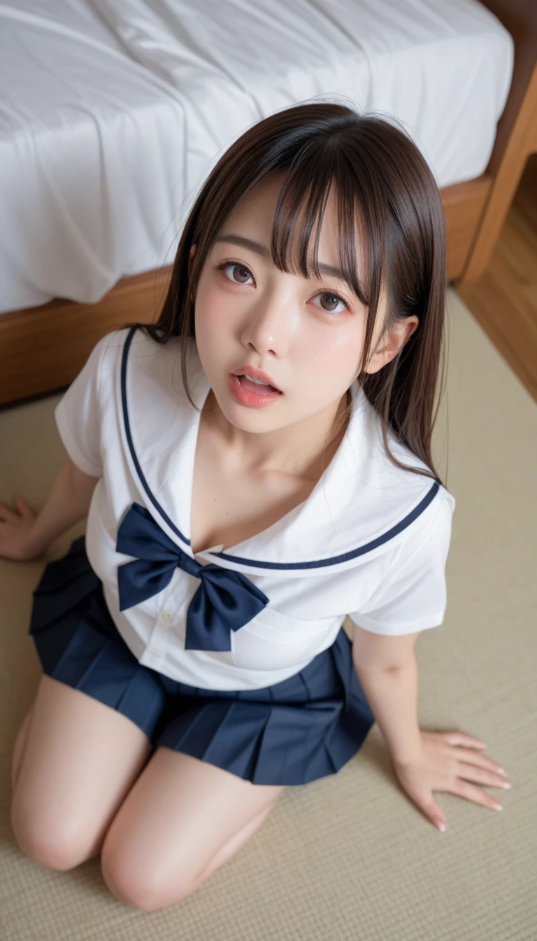 (One Girl), ((Very cute face)) , (Highly detailed eyes, Highly detailed face), Fresh, Very beautiful appearance, (Ultra-realistic, High resolution), (highest quality:1.4), RAW Photos, (Realistic, Realistic:1.37), Professional photography , (see-through sailor uniform:1.1) , Smile a little, (look at me) , Portrait of a Girl , (flat breasts:1.9) , ((((15 years old )))) , ((junior high school student)), (light brown braid hair:1.2) , (Nipples visible through sailor uniform:1.3) , (Please tilt your head a little) , Perfect nipples , ((Nipples are light pink )) , ((light pink areola)) , (lying down on the bed:1.3) , (young face:1.6) , (little girl:1.8) , (on your back:1.4) , (young face:1.9) , (bare breasts:1.5) , (naked:1.3) , (bed on the back:1.3) , (spread legs:1.2) , (flat chest:1.8) , navel , braid hair , pussy juice
