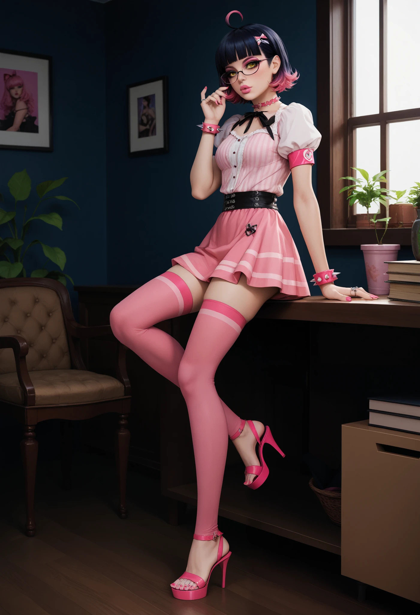 score 9 up, score 8 up, score 7 up, pink goth, big lips, mascara, pink eyeshadow, dark blue hair, gradient hair, disheveled short hair, hime cut, pink armbands, pink stirrup thighhighs, stripes, toes, pink toenail polish, pink nail polish, pink hair ribbons, pink choker, rings, toe ring, pink lipstick, spikes, pink dress, indoors, pants, mz, ahoge, yellow eyes, glasses