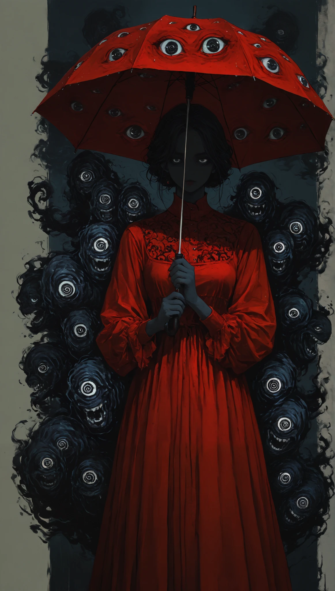 Line art, spiral eyes ,red dress, umbrella,traditional dress,Night in London,monster behind,female figure,detailed portrait,serene expression backgrounds,sophisticated posture ,red dress brillante, umbrella negro elegante,traditional dress decorado,scary ghost creature,abstract background with lines,dramatic lighting effects,mystical atmosphere,surreal style,digital illustration,resolution 8k,ultra-realistic details,dark color palette,gloomy tones