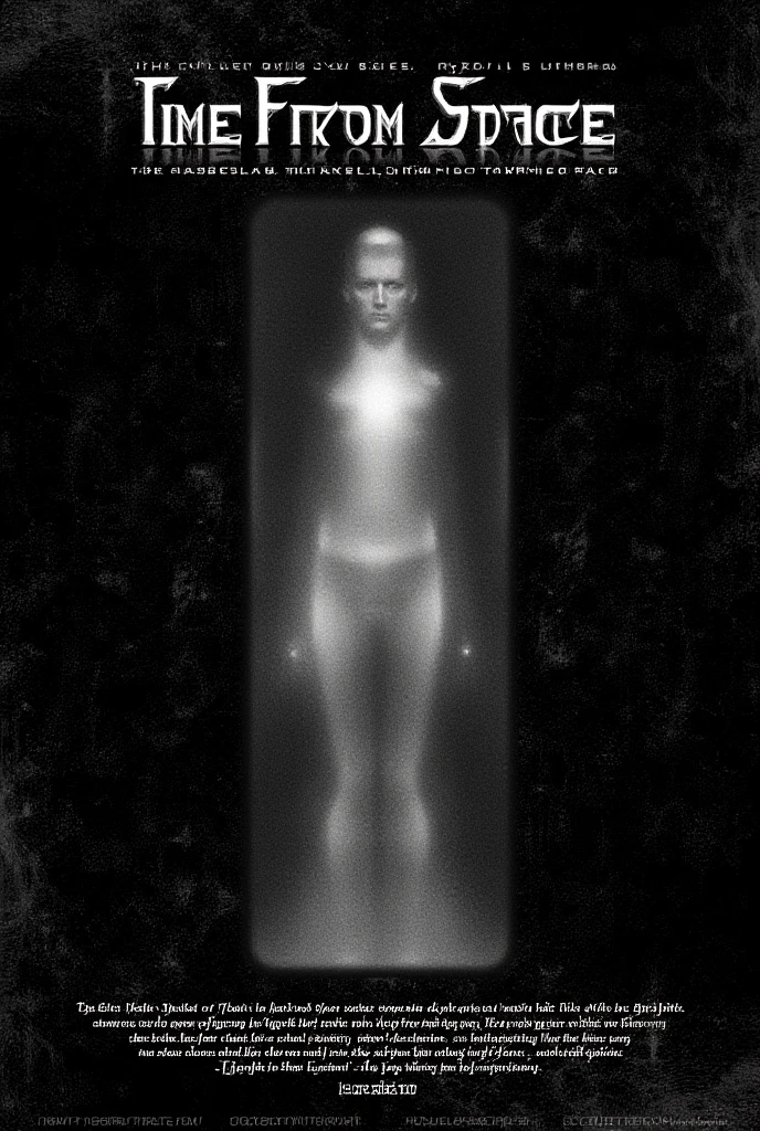 This is a movie poster style "Time from space" designed with a bold noir aesthetic. The background is a textured, distressed black and white pattern that gives it a vintage, worn look. The title "Time from space" is prominently displayed at the top in bold, white, square font.