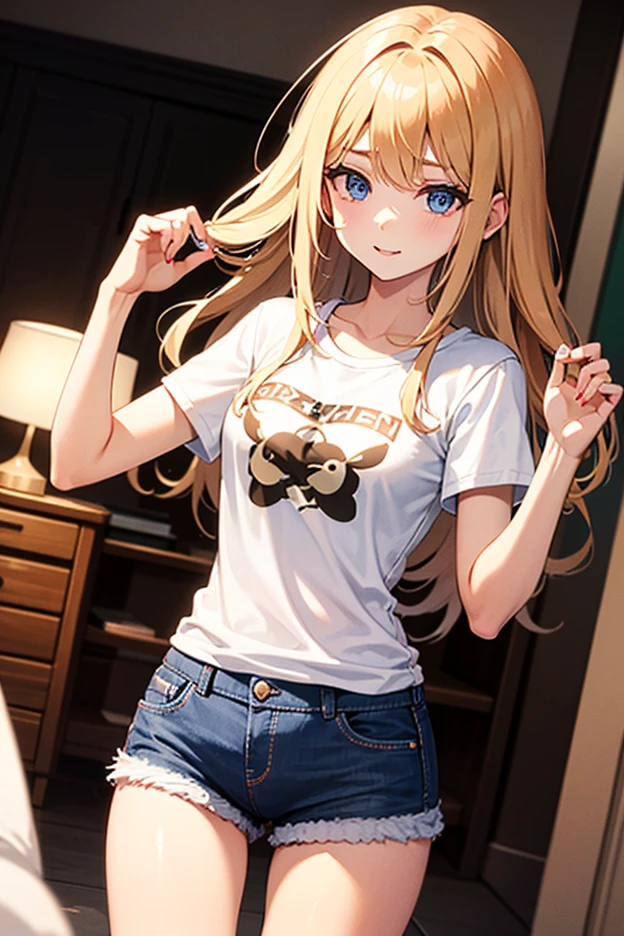 Very detailed、(8k, RAW Photos, highest quality, masterpiece:1.2), (Very detailed 8k wallpaper),shape、Professional Lighting,Sharp focus, Written boundary depth、、Clear Eyes、Perfect Anatomy、With a girl、12 years old、、、、、throw 、Loose fitting T-shirt、White panties、Denim mini skirt、、