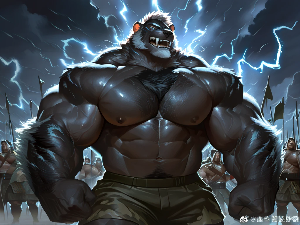 A burly, virile, and hairy werewolf with distinct wolf ears and a bushy tail, standing tall and proud against a full moonlit sky. His fur is thick and majestic, framing a powerful physique that is overmuscular and musclebound to the extreme. His broad shoulders and massive chest are accentuated by a thick mane of fur that cascades down his torso, while his overly thick arms and legs are covered in a lush, dark fur. The werewolf's body is a hulking figure, swelling with swollen muscles, veins bulging against his skin. His face is dominated by a long, bushy beard and a thick mustache, and his hair, which is beginning to grey with age, only serves to add to his rugged and imposing appearance. He is dressed in a traditional fundoshi, a Japanese loincloth, which struggles to contain his immense size and bulk. The werewolf's eyes glow a chilling shade of amber, reflecting the power and ferocity that simmers just beneath the surface of his burly exterior.