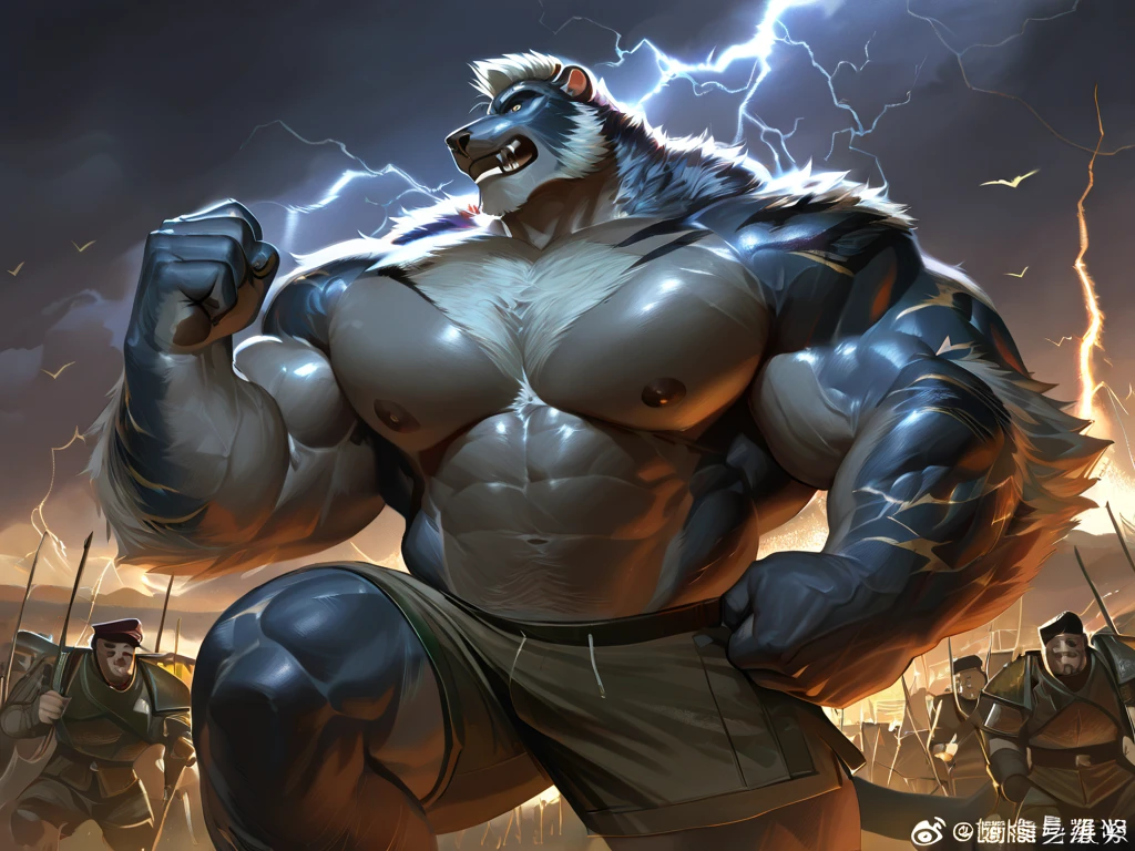 Arafed hombre con barba y cara sin barba de pie frente a una ciudad, Hombre lobo musculoso, fuerte e imponente, Super buff y cool, Retrato del robusto Zeus, muscular character, as a titan, muscular male hero, Winston de Overwatch, pecho peludo, muy aficionado, Retrato pintado de Zeus robusto, sfw version, lion body, inspirado por Li Kan