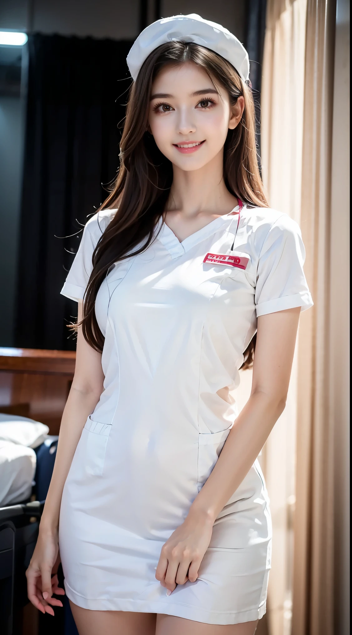 ,8K, Maste Piece, Raw Photo, Best Quality, Photorealistic, Highly Detailed CG Unity 8K Wallpaper, Depth of Field, Cinematic Light, Lens Flare, Ray Tracing, SexyEUASIAN, (Extremely Beautiful Face, Lips) Beautiful, beautiful eyes), intricately detailed face, ((super detailed skin)) 1 girl, 1 woman, nurse, nurse cap, pink wear, ((white leg wear, )), long hair, brown hair, red eyes, pink lips, shy smile, standing posture, ((hospital room)), sharp body, short sleeves, female, 25 years old, best quality, mastepiece、 Design: Nanase Nishino