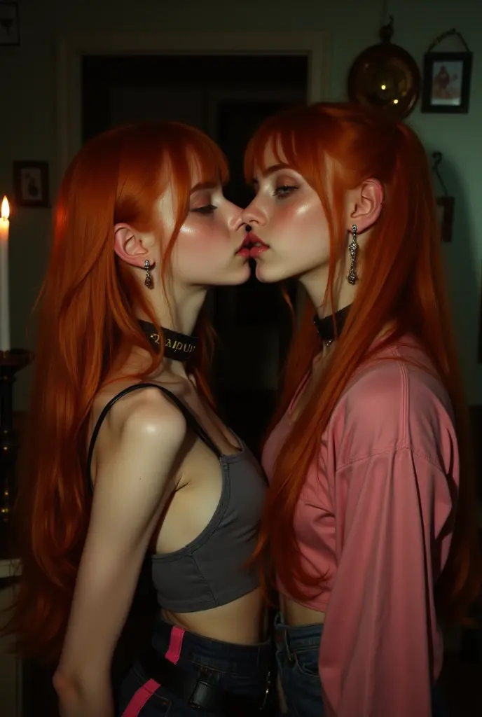 ((red hair, 2nudegirls, two nude girls, kissing touching and hugging each other:1.2)), During bedtime, bedroom, accentuated super huge enormously gigantic nude breasts, nude body, gigantic nude breasts and nude hairy pussy showing, nude naked body showing, sitting, high detailed real face, smile, beautiful , crop tank top, beautiful skin, high detailed skin, beautiful eyes, high detailed finger, high detailed hand, masterpiece,
