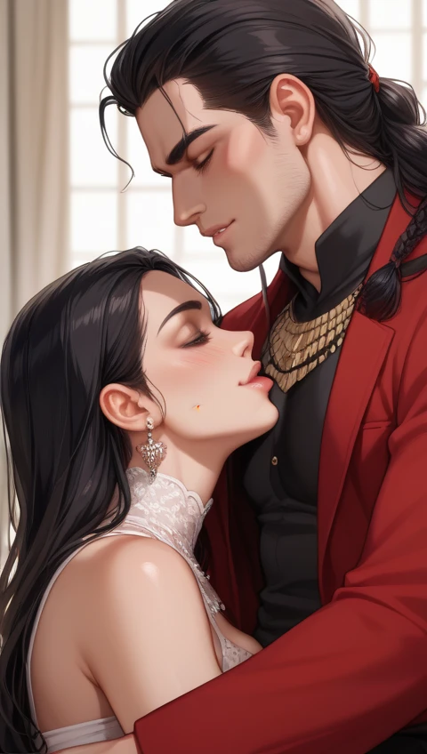 Amazing portrait of a sexy woman who is a MILF and a neighbour with her black hair in a bun wearing a saree kissing and making out passionately with her male neighbour on her bed in an intimate setting