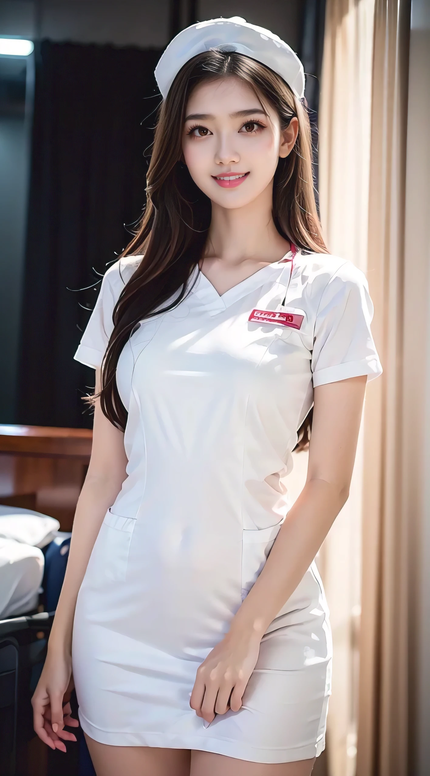 ,8K, Maste Piece, Raw Photo, Best Quality, Photorealistic, Highly Detailed CG Unity 8K Wallpaper, Depth of Field, Cinematic Light, Lens Flare, Ray Tracing, SexyEUASIAN, (Extremely Beautiful Face, Lips) Beautiful, beautiful eyes), intricately detailed face, ((super detailed skin)) 1 girl, 1 woman, nurse, nurse cap, pink wear, ((white leg wear, )), long hair, brown hair, red eyes, pink lips, shy smile, standing posture, ((hospital room)), sharp body, short sleeves, female, 25 years old, best quality, mastepiece、 Design: Nanase Nishino