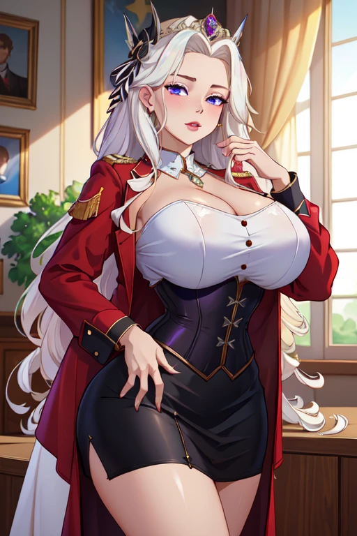 Lian, long white hair, hair stick, bangs, blue eyes, solo, smiling, standing, upper body, hips, bare shoulders,purple thighhighs, red dress, gold jewelry,armor,gloves,circlet, cleavage, red and gold royal castle, gigantic breasts, (best quality, masterpiece, beautiful and aesthetic:1.2, highest detailed face, perfect face,) eyes, perfect face,expressive eyes,
looking at viewer, in the center of the image,(Upper_body),(Focus on her face),
official art,extremely detailed CG unity 8k wallpaper, perfect lighting,Colorful, Bright_Front_face_Lighting,shiny skin,
(masterpiece:1.0),(best_quality:1.0), ultra high res,4K,ultra-detailed