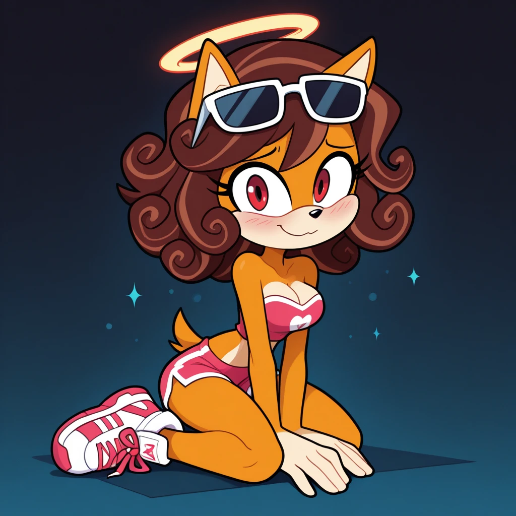 Score_9, solo, mobian, hedgehog, two-tone fur ((orange fur, brown fur)), strapless tight dress, cleavage, two-tone hair (brown hair, black tip)), curly hair, halo, sunglasses, jewelry, red eyes, longeyelashes, red eyes, smile, shy, blush,