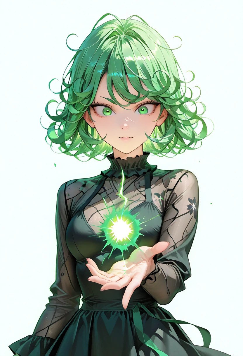 (work of art, best qualityer:1.4), (whole body), 1 girl, standing alone, out, in a desert with sand and dust, tatsumaki, (pelvic curtain:1.2), long sleeves, black gown, (hair green), shorth hair, medium breasts, beautiful smiling, beautiful face, high-detailed face, highly-detailed eyes, highly detailed skin, skin pore, (((floating with a green aura))), underground dispersal, realisitic pupils, full-face blush, fleshy lips, Depth of field, volumetric lighting, sharp focus, absurderes, realisitic proportions, good anatomy, (realisitic, hyperrealisitic:1.4), 16k hdr