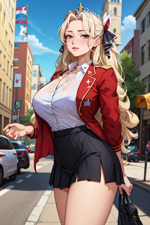 ((masterpiece, best quality)), Insanares, absurd, Solitary, outdoor,
clothing_Bible Black_Uniforms_My grandmother,
1 Girl, Blonde Hair, long hair, blue eyes, (((Large Breasts、Low-cut,Cleavage, Wide hips,)))(Long legs) (Wide hips)
Black vest, Red Skirt, White shirt, Collared shirt, Suspenders, , Black over-the-knee stockings, Absolutely great opportunity, tie, Long sleeve, Pleated Skirt, red tie,
(Contrasting, Hands on Hips)lens flare, Depth of Field, Bokeh, ember, Vanishing point, looking at the audience,