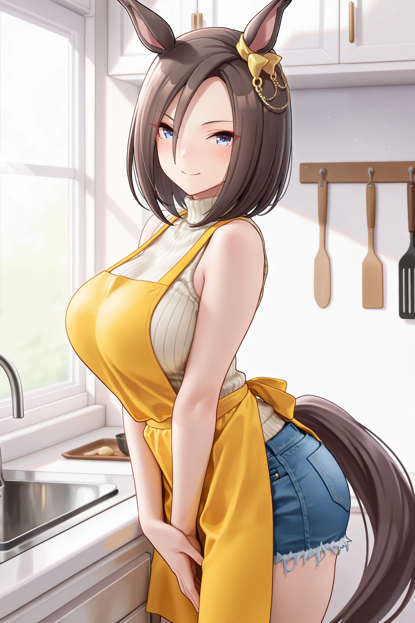 NSFW,masterpiece,Highest quality,high resolution,very detailed,Air Groove (umamusume),turtleneck sweater, sleeveless,denim shorts,apron,Kitchen, Smile