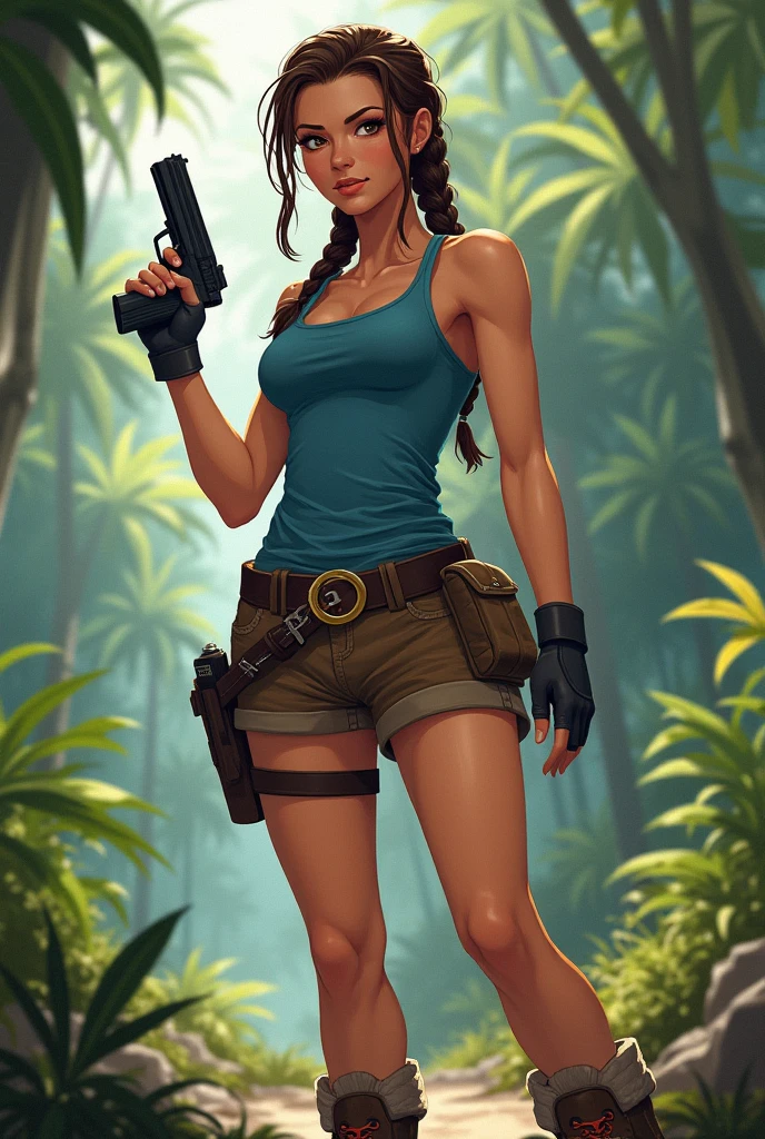 (masterpiece), best quality, expressive eyes, perfect face, (ancient ruins in deep jungle background), (standing), (smirk), (back view), (1girl, age 18+, Angelina Jolie, latina, dark skin, tanned skin, thick lips, brown hair, long hair, ponytail braid hairstyle, hazel eyes, hourglass figure, thin body, skinny body, large breasts, huge breasts, oppai, wide hips, big butt, round butt, thick thighs), (lara croft outfit, torn clothes, ripped clothes, teal tanktop, croptop, sleeveless, torn brown cargo minishorts, gun holster belt),