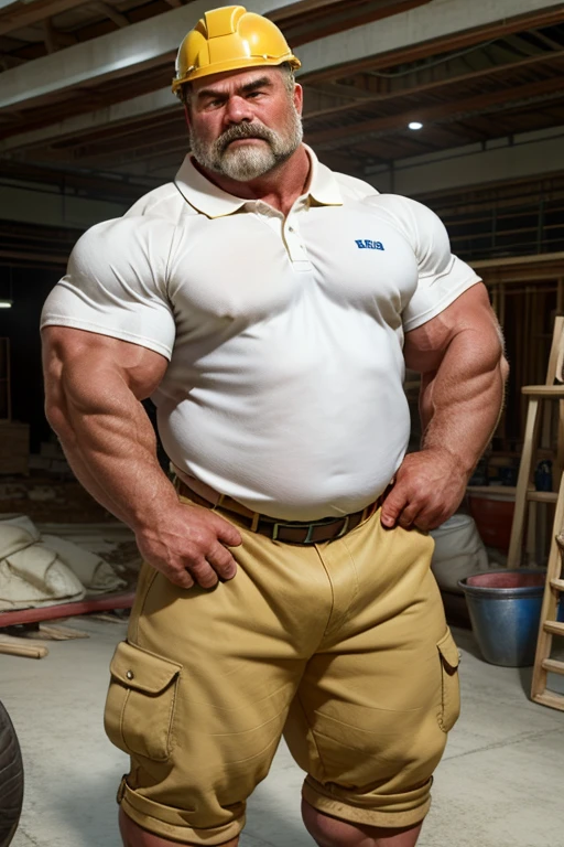 (medium_wide_shot), white man, (45yo), (silver_haired), handsome, hunk, beautiful man, beard, muscled, beefcake, hunky, sturdy, hairy, (white tank top), red_shorts, bulge, (cap with the word COACH), (coach_whistle), detailed_face, detailed_eyes, looking at viewer, front view, (full_frame), full body visible(!), cool sneakers, crotch in focus, lockers_background