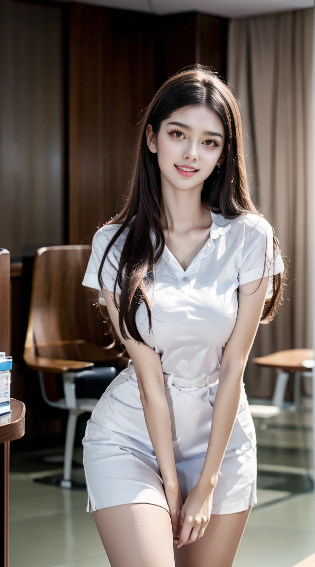 Highest quality, outstanding details, super high resolution, (fidelity: 1.4), the best illustration, favor details, highly condensed 1girl, with a delicate and beautiful face, delicate collarbone, high-quality fishtail zipper skirt, cleavage shirt, sexy smile