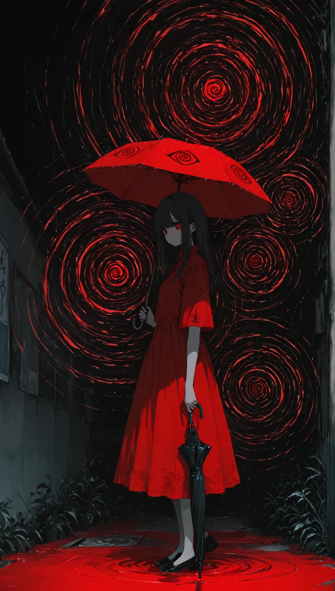 Line art,spiral eyes , red dress, umbrella,china