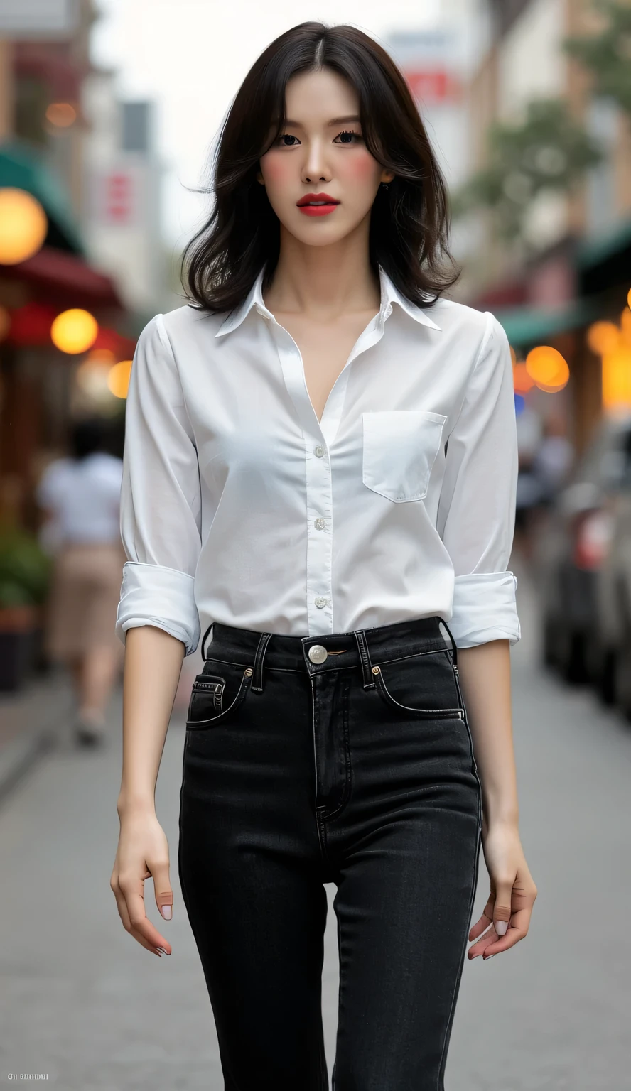 Slim woman model wearing white shirt, deep neckline and skinny jeans, schwarzes Haar