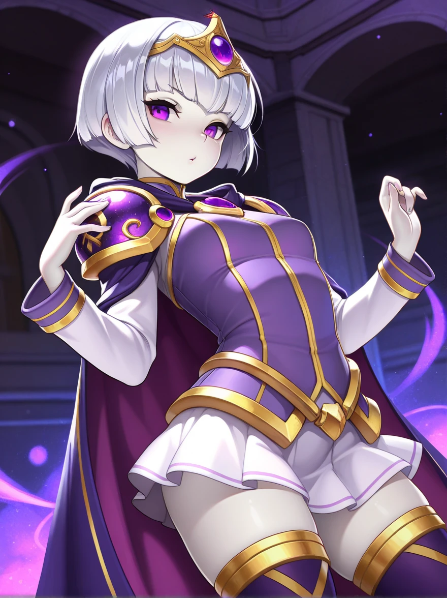 masterpiece, Highest quality, High resolution, male, short hair, Hello, Red eyes, Large Breasts, Cleavage, Epaulettes, White gloves, - Elbow hand pockets, Purple Skirt, Knee socks, Cowboy Shot, Are standing, Place your arms at your sides, straight, street,Two legs,Five Fingers,Evil background,Elbow fullgloves,shiny latex,evil laugh, Debish Aura (Shiny fabric:1.5),Dark world background,solo,Decorated with skulls. background, A mountain of skulls beneath