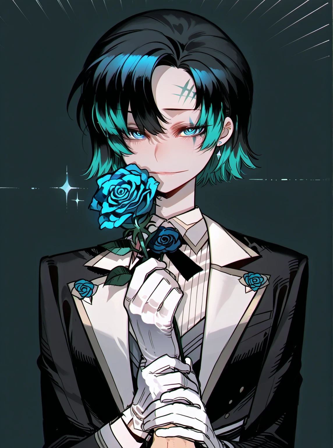 Anime girl with long, dark hair with blue or turquoise reflections, styled with a fringe that frames her intense blue eyes. She wears a formal outfit in black and white, with a tie or ribbon adorned with a blue rose to match the bouquet that. She wears white gloves and smiles enigmatically as she brings the rose closer to her face. The background is white or very light, highlighting the contrast between the dark tones of her hair and clothing, and the blue sparkles of the rose and her eyes. The illustration style features lines markings and a soft shade that emphasizes the mysterious expression of the protagonist. (anime girl, black hair with teal highlights, blue eyes, formal outfit, white gloves, black-and-white palette, holding a blue rose, enigmatic smile, minimal background, Digital Painting, pixiv trending, Artstation)